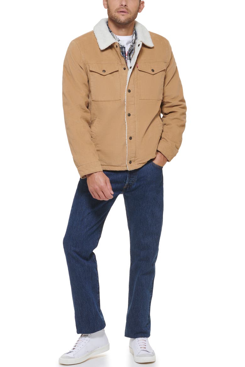 Corduroy Faux Shearling Lined Trucker Jacket, Alternate, color, TAN
