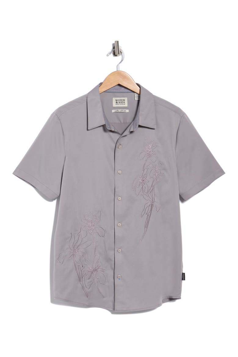Floral Embroidered Short Sleeve Button-Up Shirt, Alternate, color, GULL