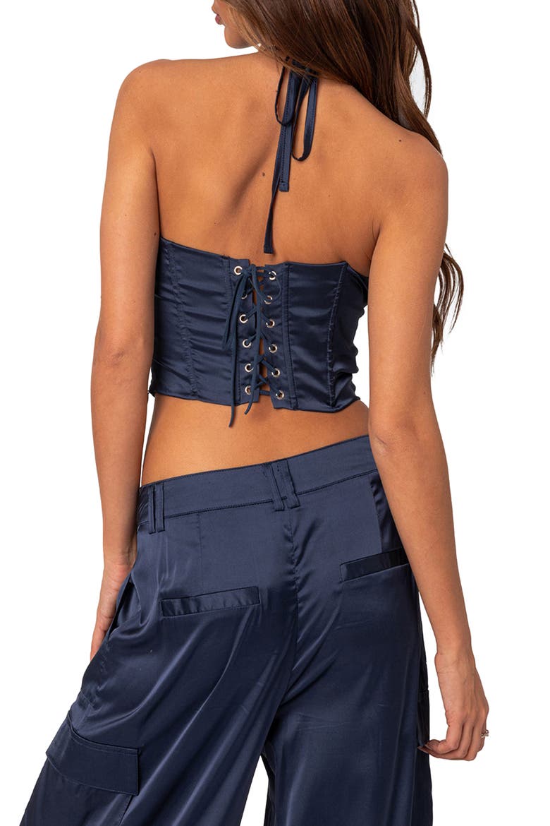Kelsey Lace-Up Back Satin Halter Neck Corset, Alternate, color, NAVY