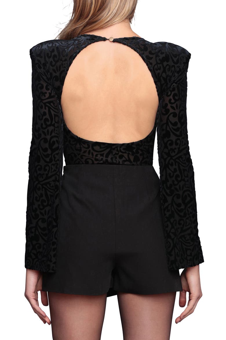 Open Back Flocked Bodysuit, Alternate, color, BLACK