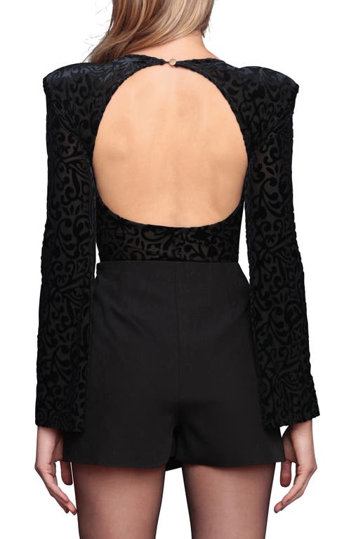 Avec Les Filles Open Back Flocked Bodysuit In Black