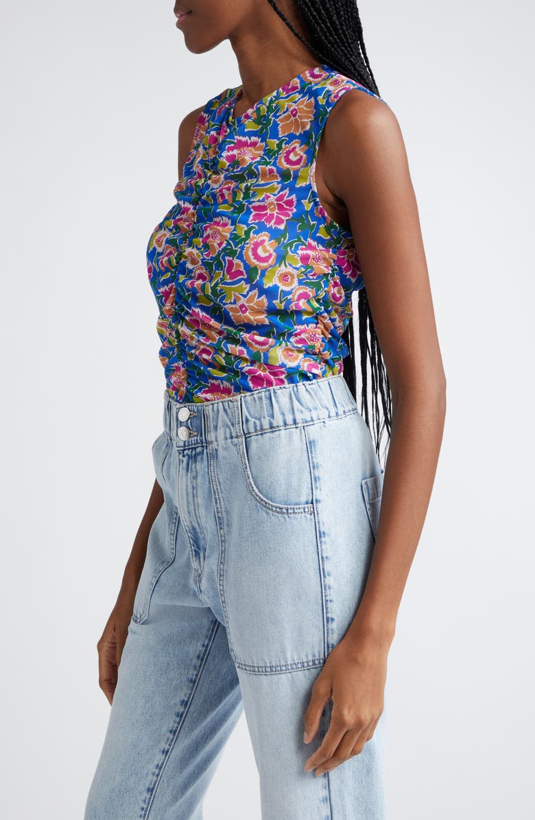 Veronica Beard Tazmin Floral Center Ruched Mesh Top, Alternate, color, Sarong Floral Print