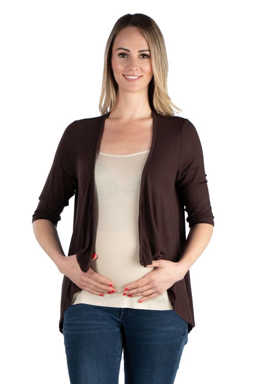 24seven Comfort Apparel Maternity Elbow Length Sleeve Open Cardigan In Brown