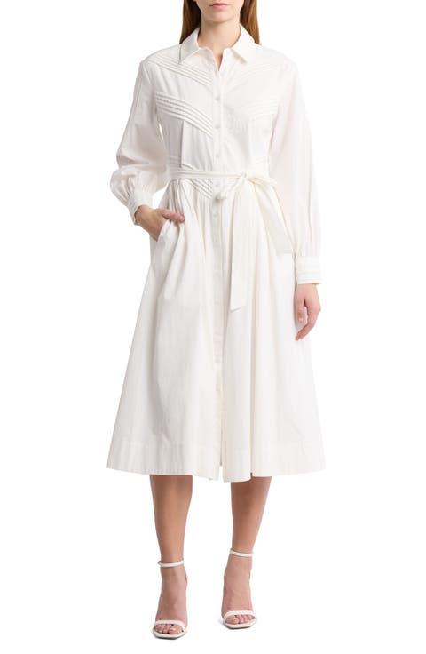 Pintucked Long Sleeve Cotton Poplin Shirtdress