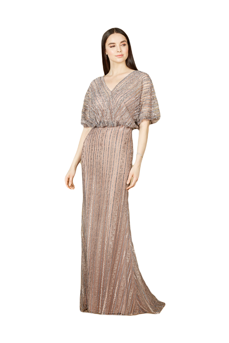 Cape Sleeve V-Neck Gown with Geometric Beading, Main, color, DustyPurple