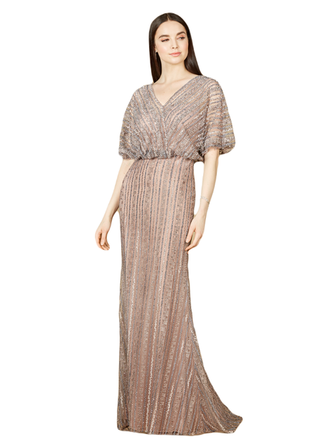 Cape Sleeve V-Neck Gown with Geometric Beading