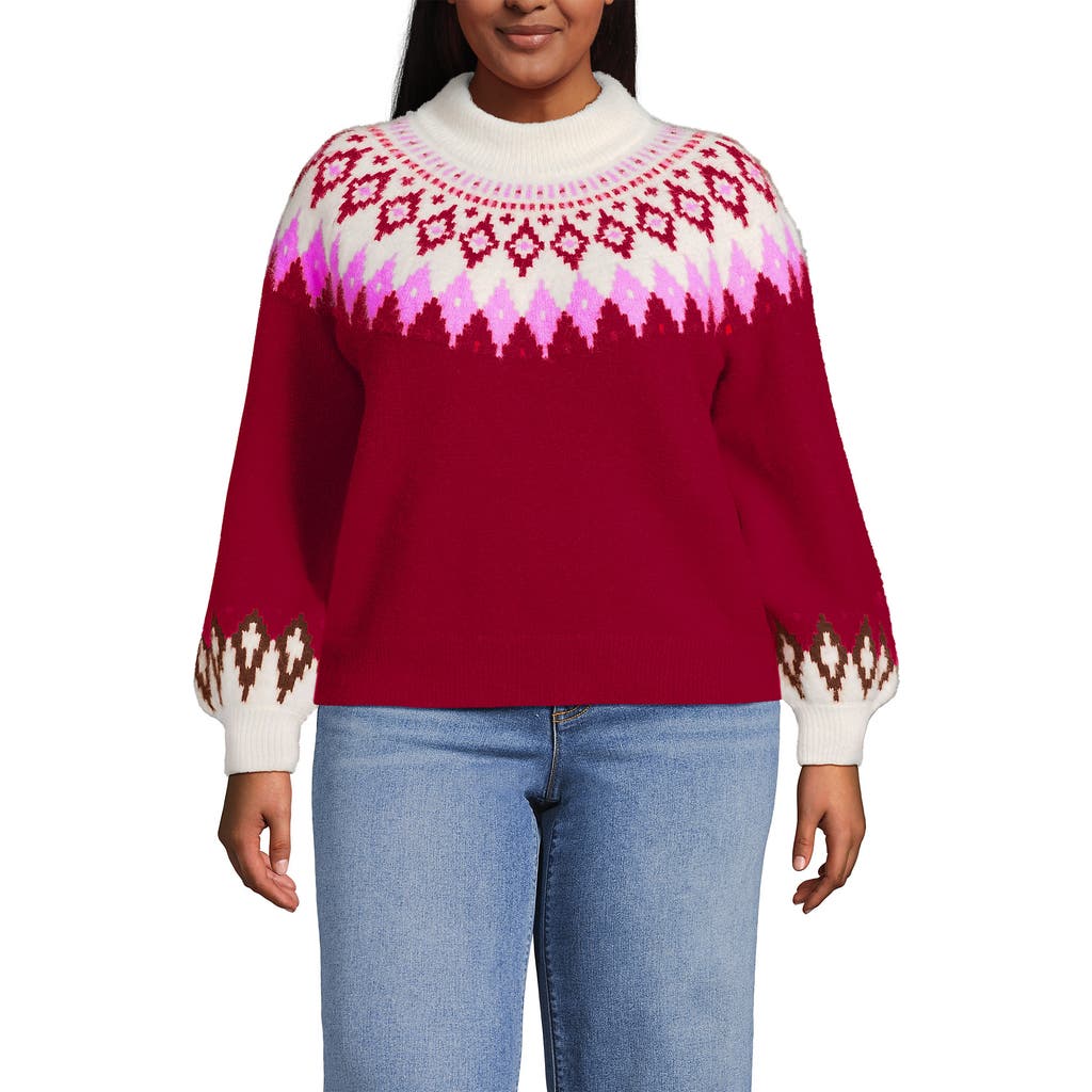 Lands' End Fuzzy Turtleneck Lantern Sleeve Jacquard Sweater In Burgundy