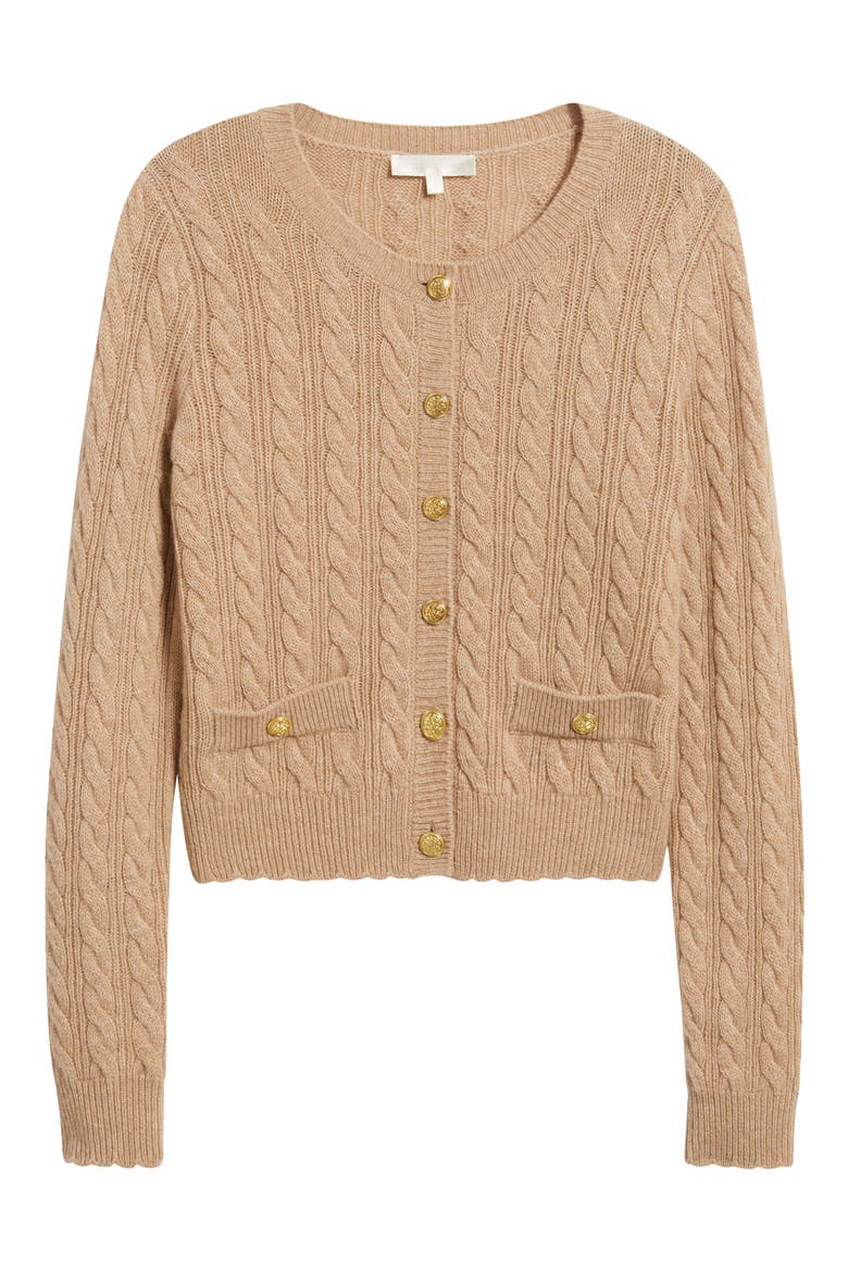 Eugenie Cable Knit Cashmere & Wool Cardigan, Alternate, color, CAMEL MELANGE