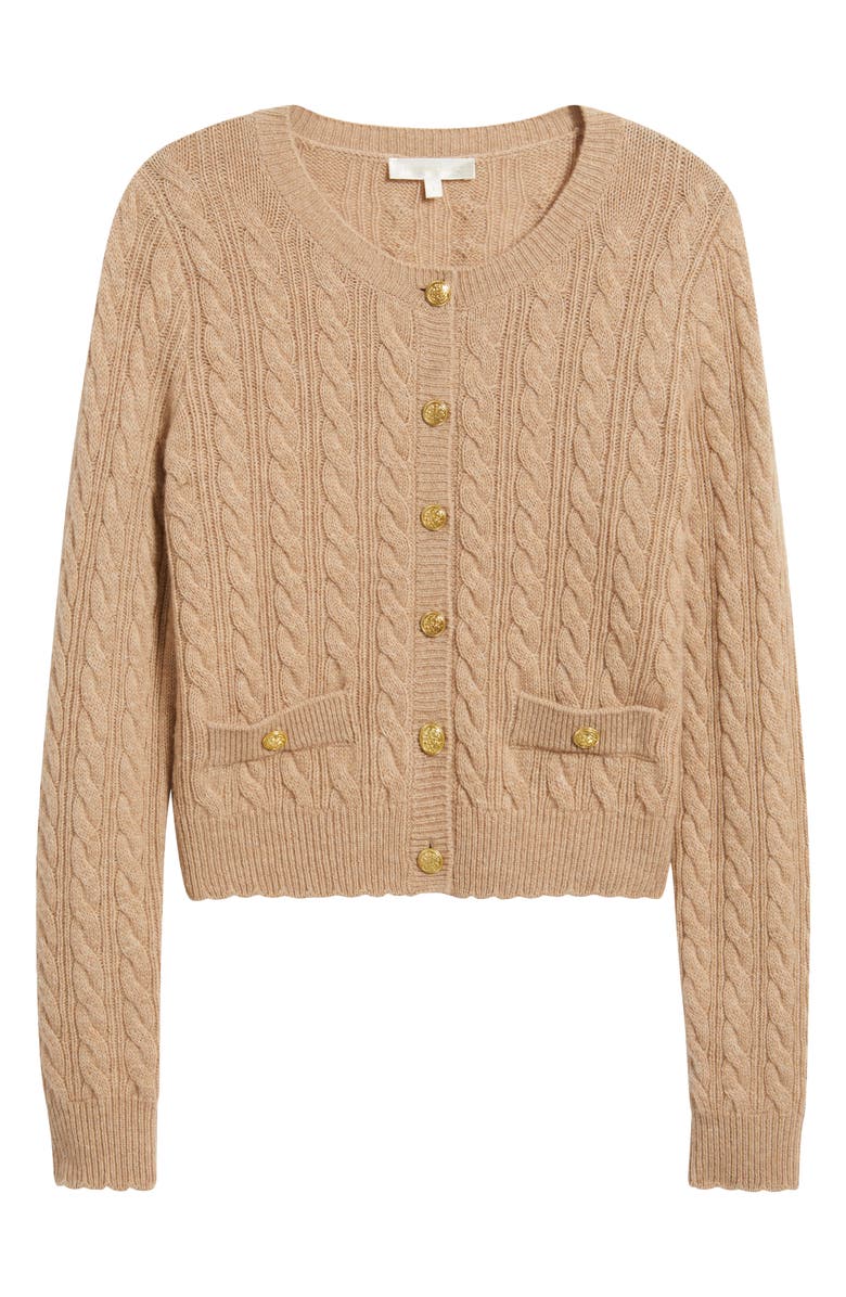 LoveShackFancy Eugenie Cable Knit Cashmere & Wool Cardigan, Alternate, color, Camel Melange