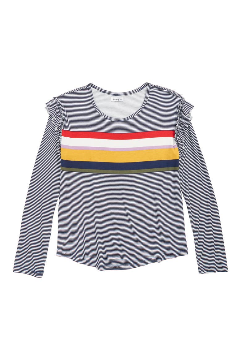Stripe Ruffle Shoulder Tee, Main, color, NAVY STRIPE