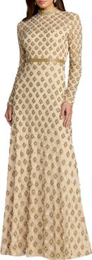 Mac Duggal Mock Neck Long Sleeve Embellished A-Line Gown