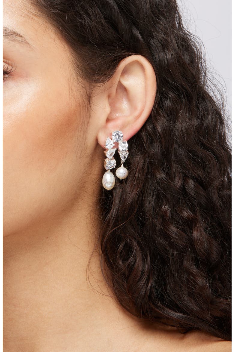 Cubic Zirconia & Freshwater Pearl Drop Earrings, Alternate, color, SILVER PLATED