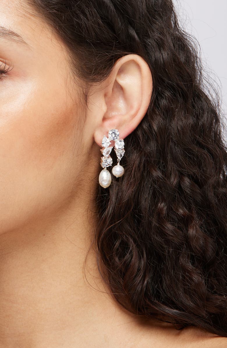 COMPLETEDWORKS Cubic Zirconia & Freshwater Pearl Drop Earrings, Alternate, color, Silver Plated