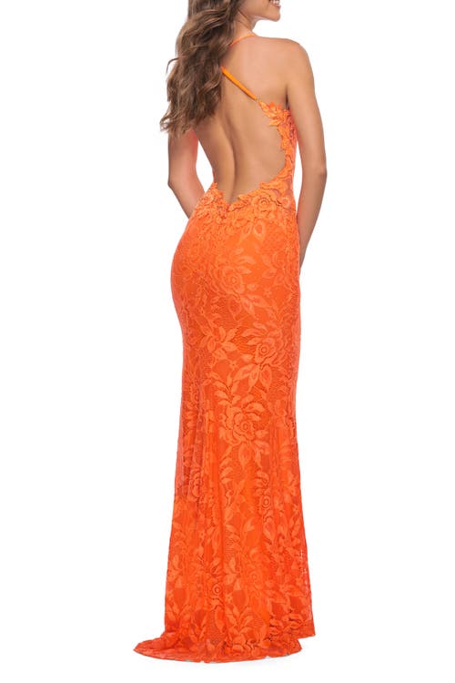 La Femme Open-back Stretch Lace Bustier Gown In Orange