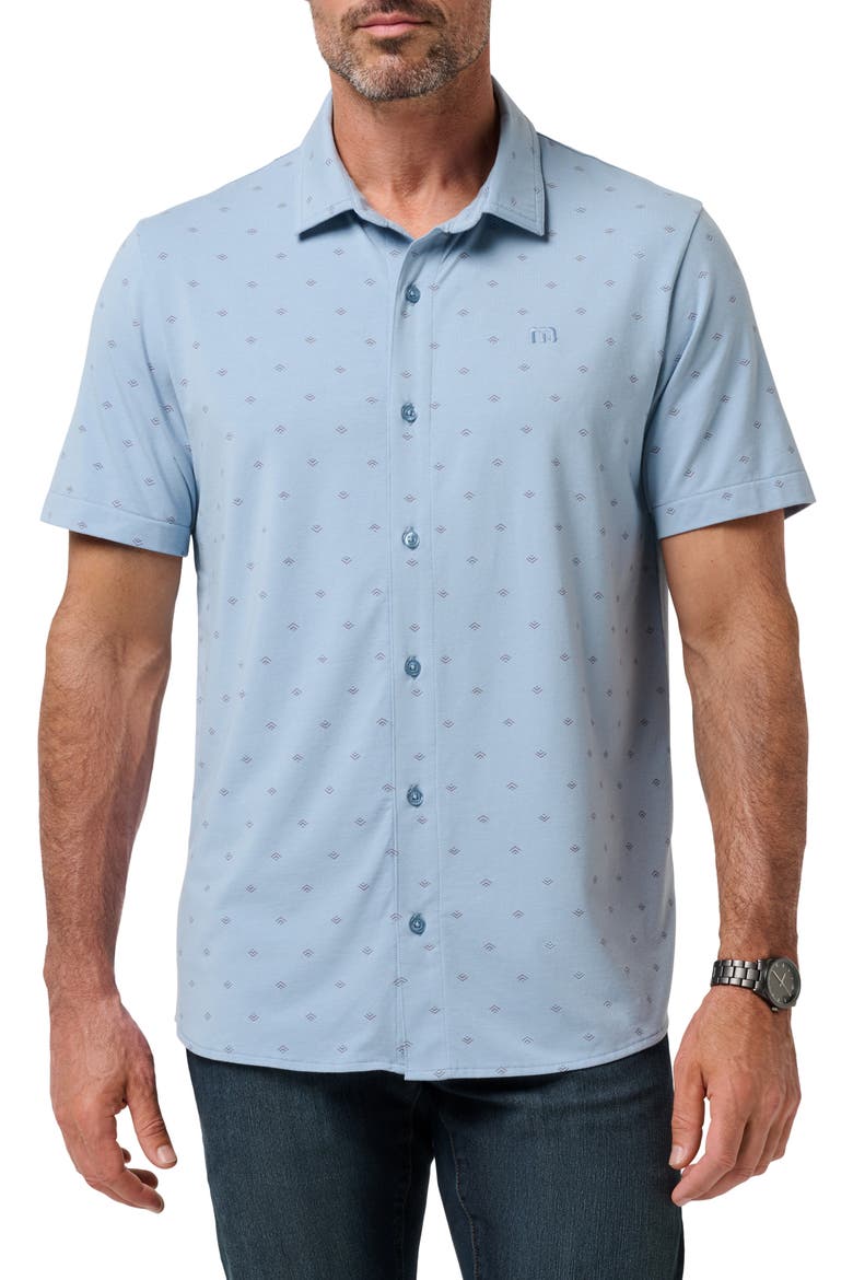 Comfortknit Geo Short Sleeve Button-Up Shirt, Main, color, ASH BLUE