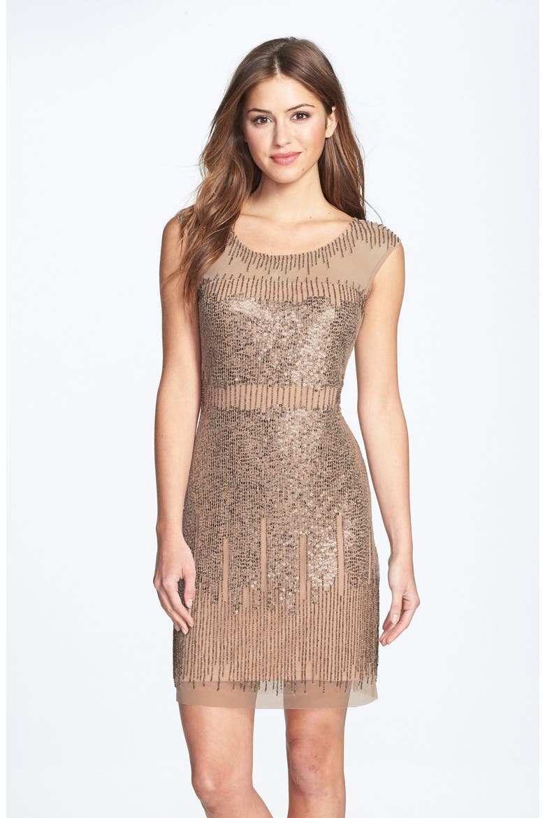 Illusion Yoke Beaded Sheath Dress, Main, color, TAUPE/ PINK