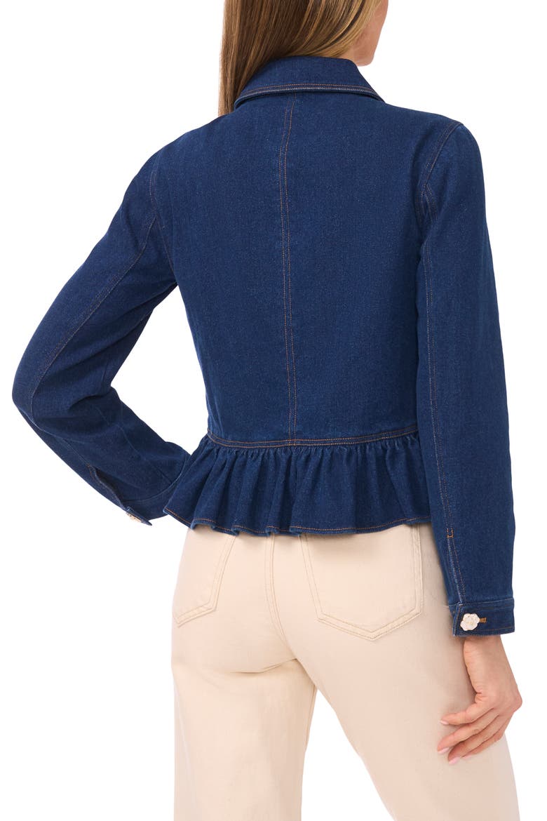 Floral Button Peplum Denim Jacket, Alternate, color, MID INDIGO