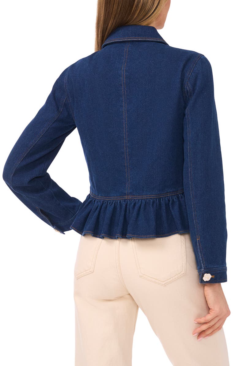CeCe Floral Button Peplum Denim Jacket, Alternate, color, Mid Indigo