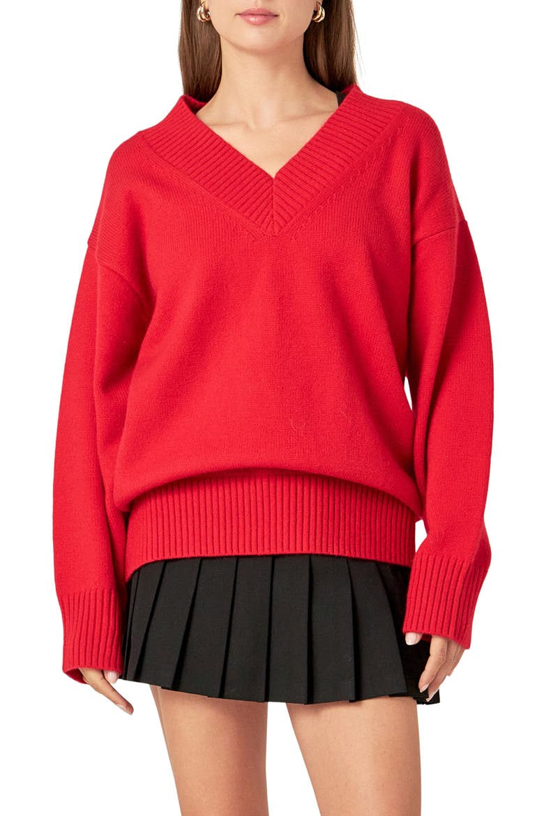 Oversize V-Neck Sweater, Alternate, color, RED