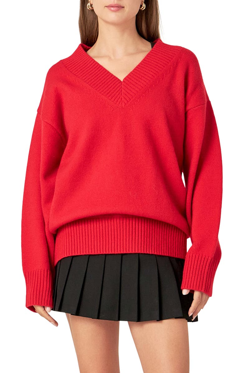 English Factory Oversize V-Neck Sweater, Alternate, color, Red