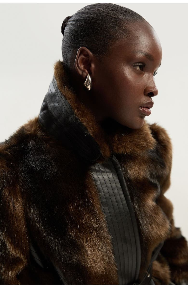 Karen Millen Faux Fur PU Panelled Belted Midi Coat, Alternate, color, Chocolate