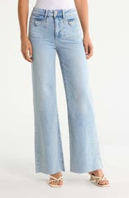 PAIGE Anessa Button Pocket High Waist Raw Hem Wide Leg Jeans