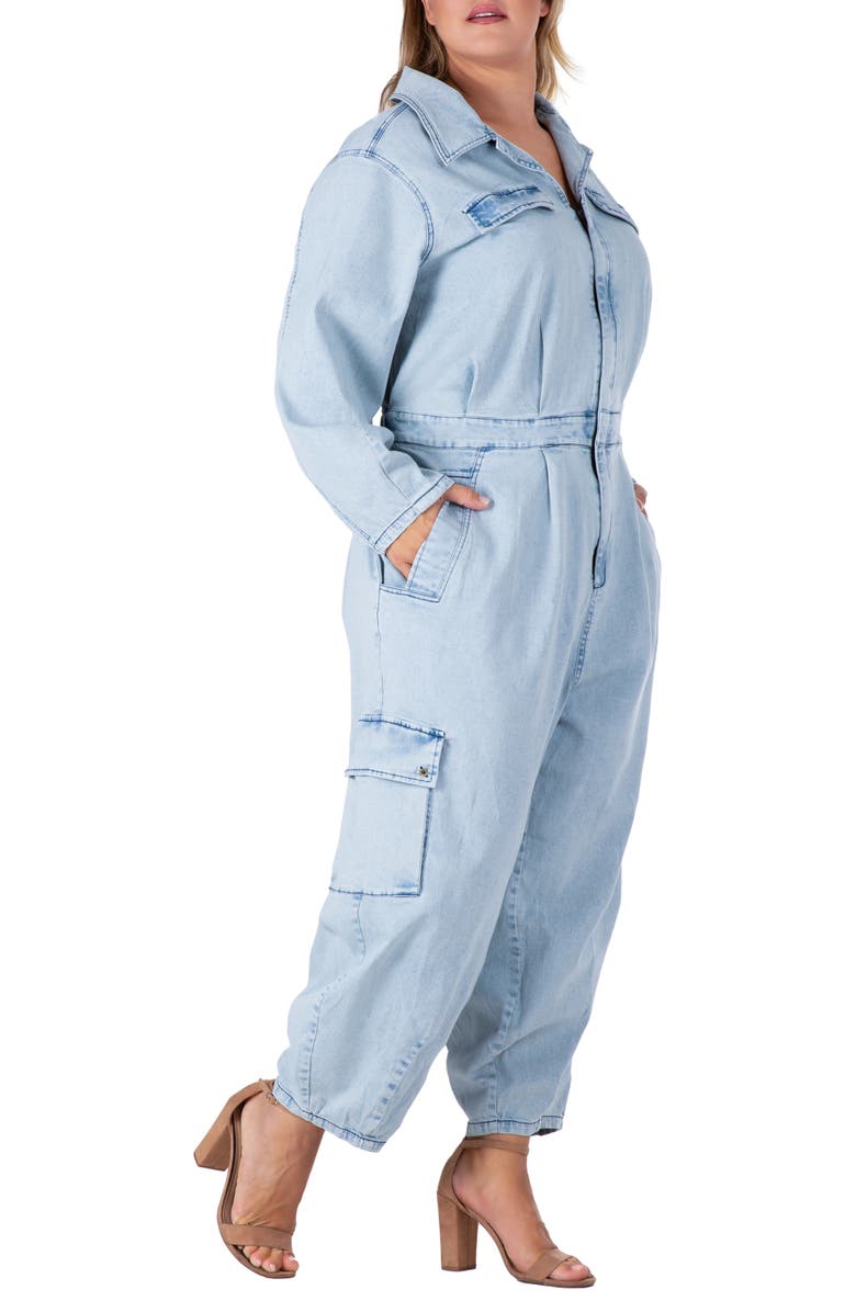 Standards & Practices Cargo Long Sleeve Denim Jumpsuit, Alternate, color, Bleached Blue