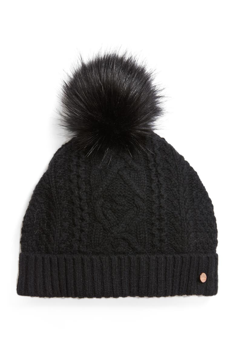 Cable Knit Faux Fur Pompom Beanie, Main, color, BLACK
