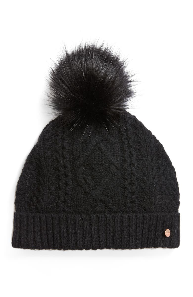 Ted Baker London Cable Knit Faux Fur Pompom Beanie, Main, color, 