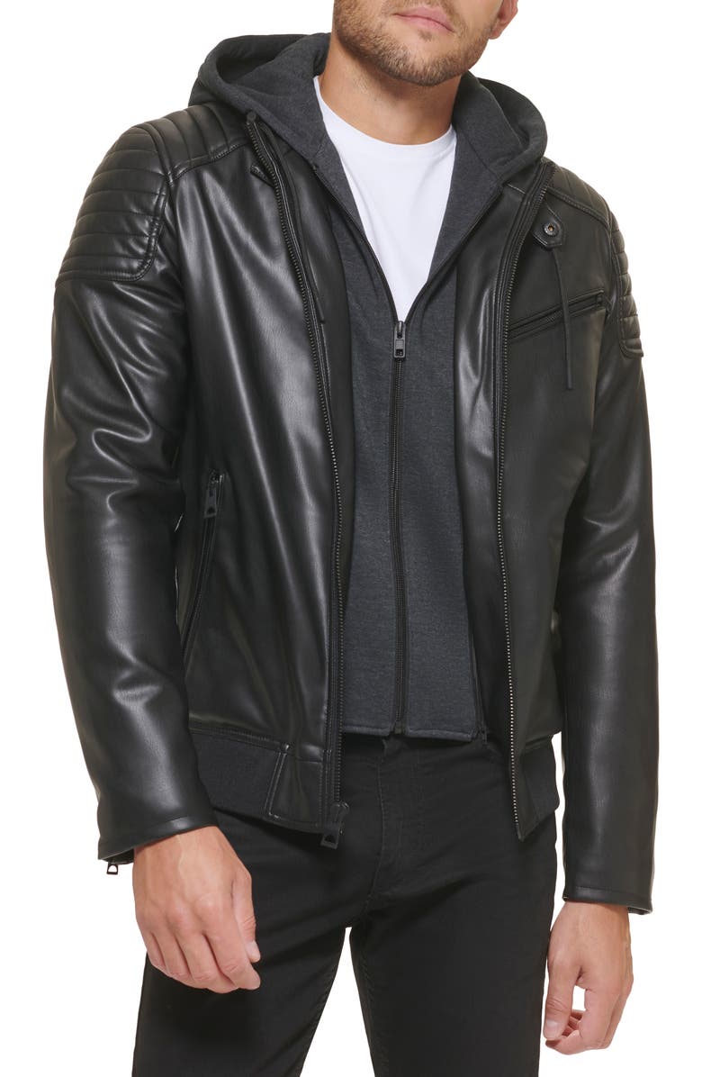 GUESS Removable Hood Faux Leather Jacket, Alternate, color, 