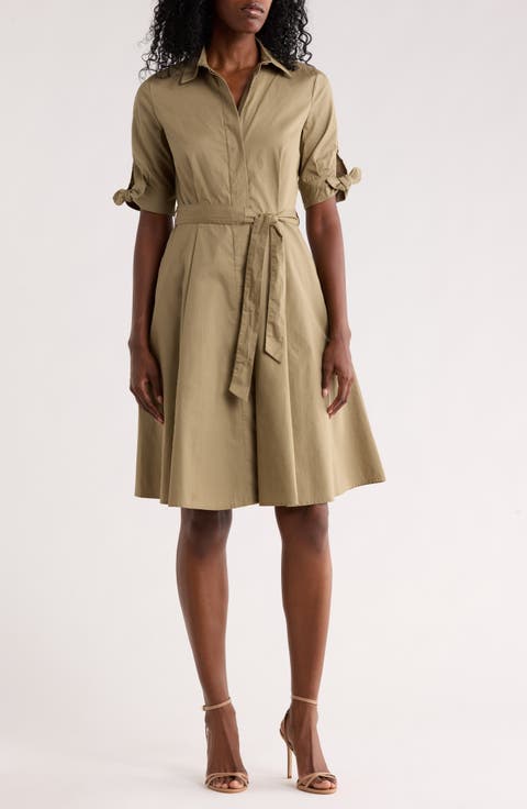 Solid Cotton Shoulder Tie Shirtdress