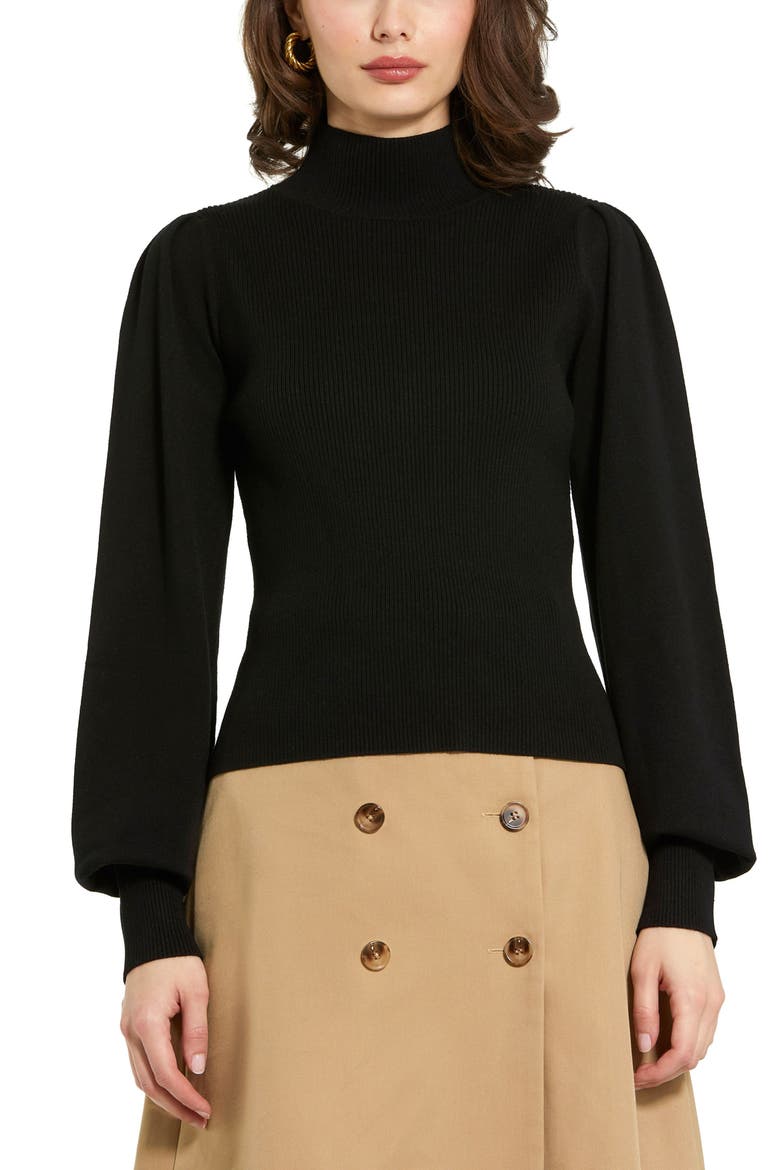 Ribbed Knit Balloon Sleeve Turtle Neck Sweater, Main, color, Black