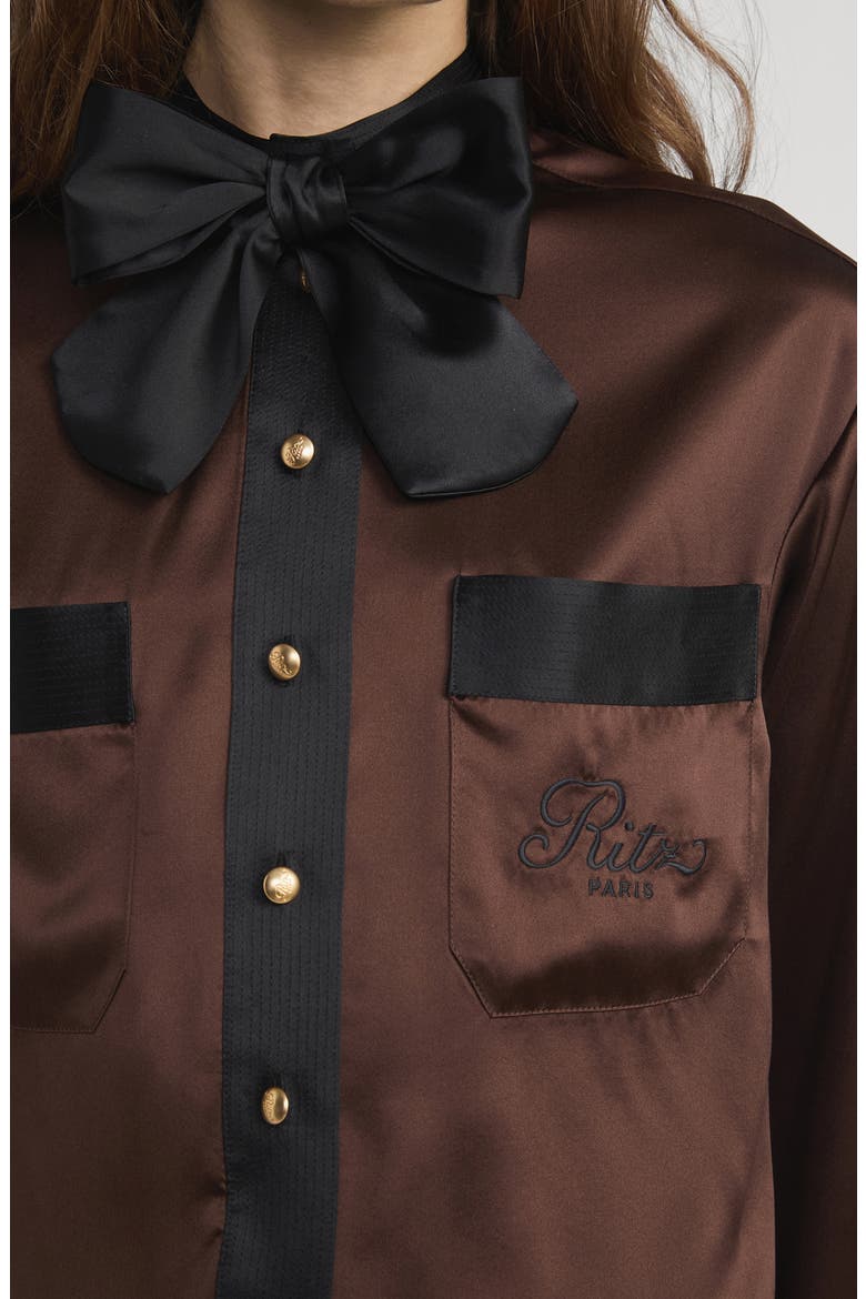 x The Ritz Paris Silk Satin Button-Up Shirt, Alternate, color, CHOCOLATE BROWN