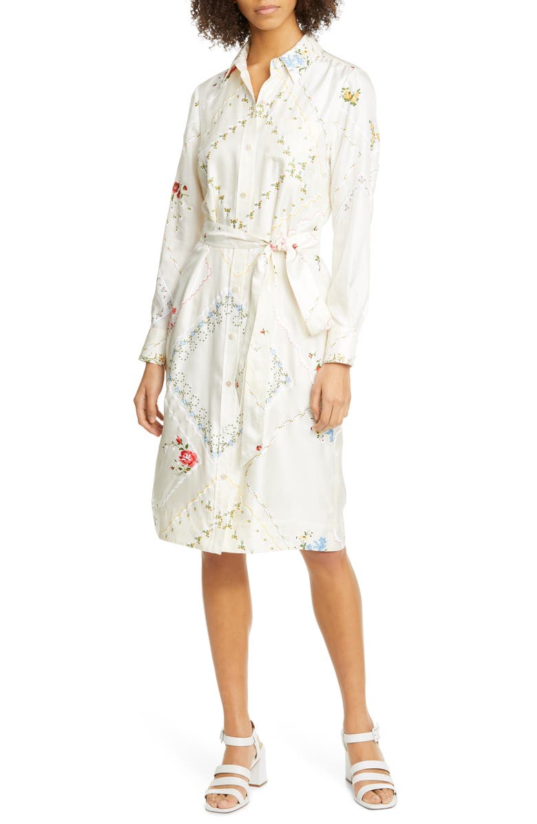 Tory Burch Long Sleeve Floral Silk Shirtdress, Main, color,