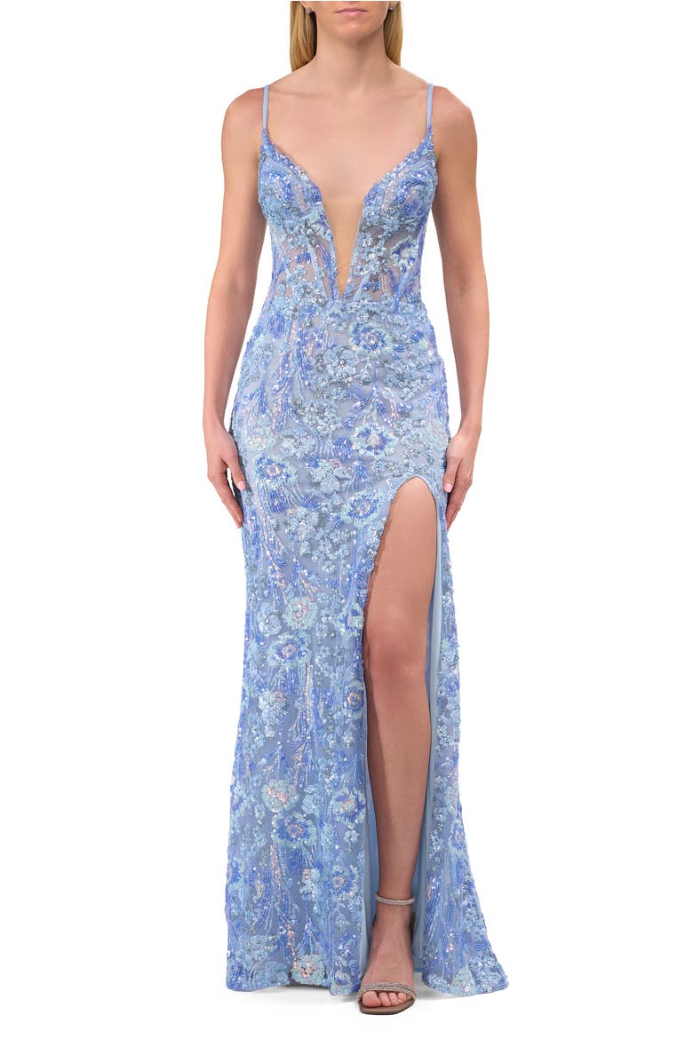 Fabulous Print Floral Sequin Dress with Deep V Neckline, Main, color, Cloud Blue