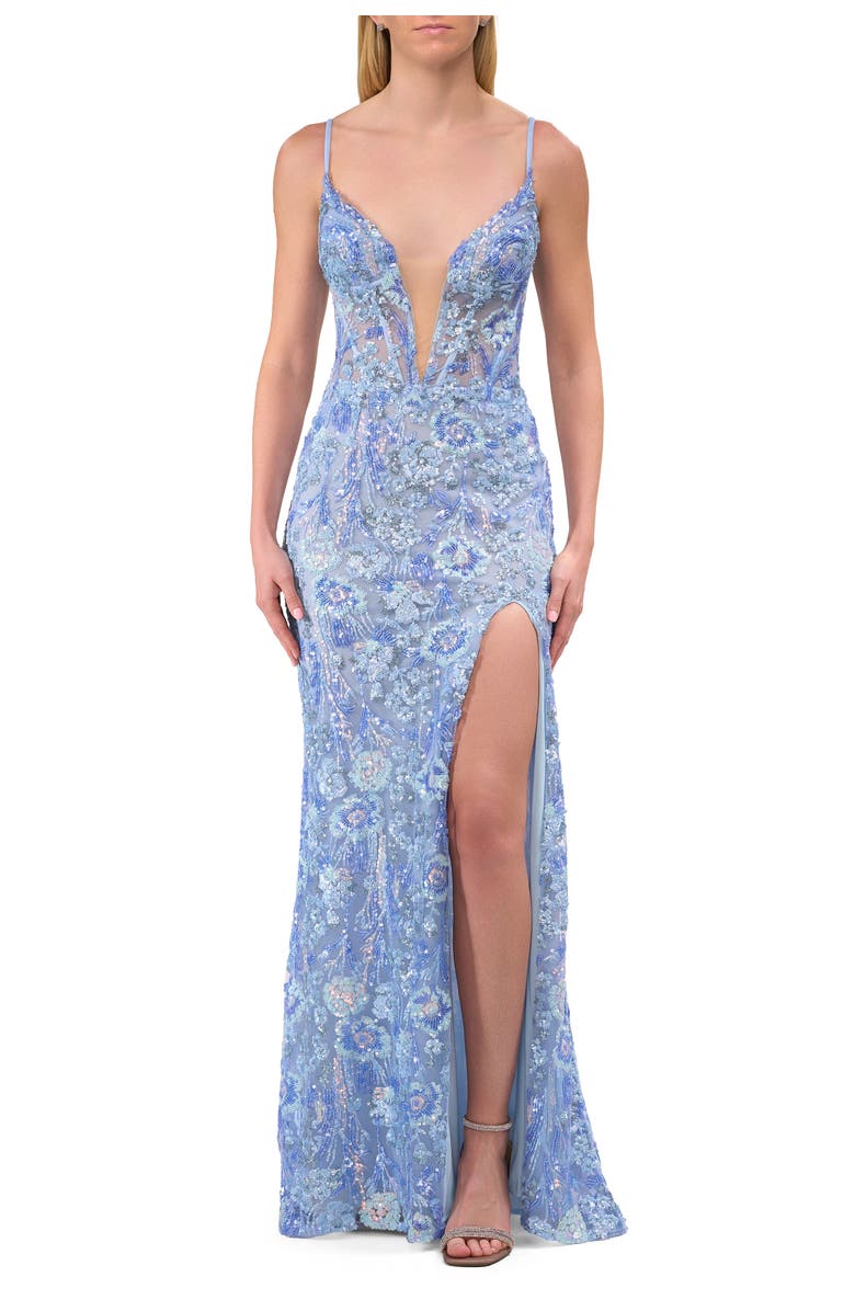 La Femme Fabulous Print Floral Sequin Dress with Deep V Neckline, Main, color, Cloud Blue