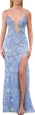 La Femme Fabulous Print Floral Sequin Dress with Deep V Neckline