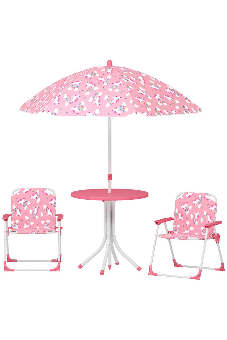 Kids Outdoor Picnic Table with Folding Chairs and Umbrella, Main, color, Pink