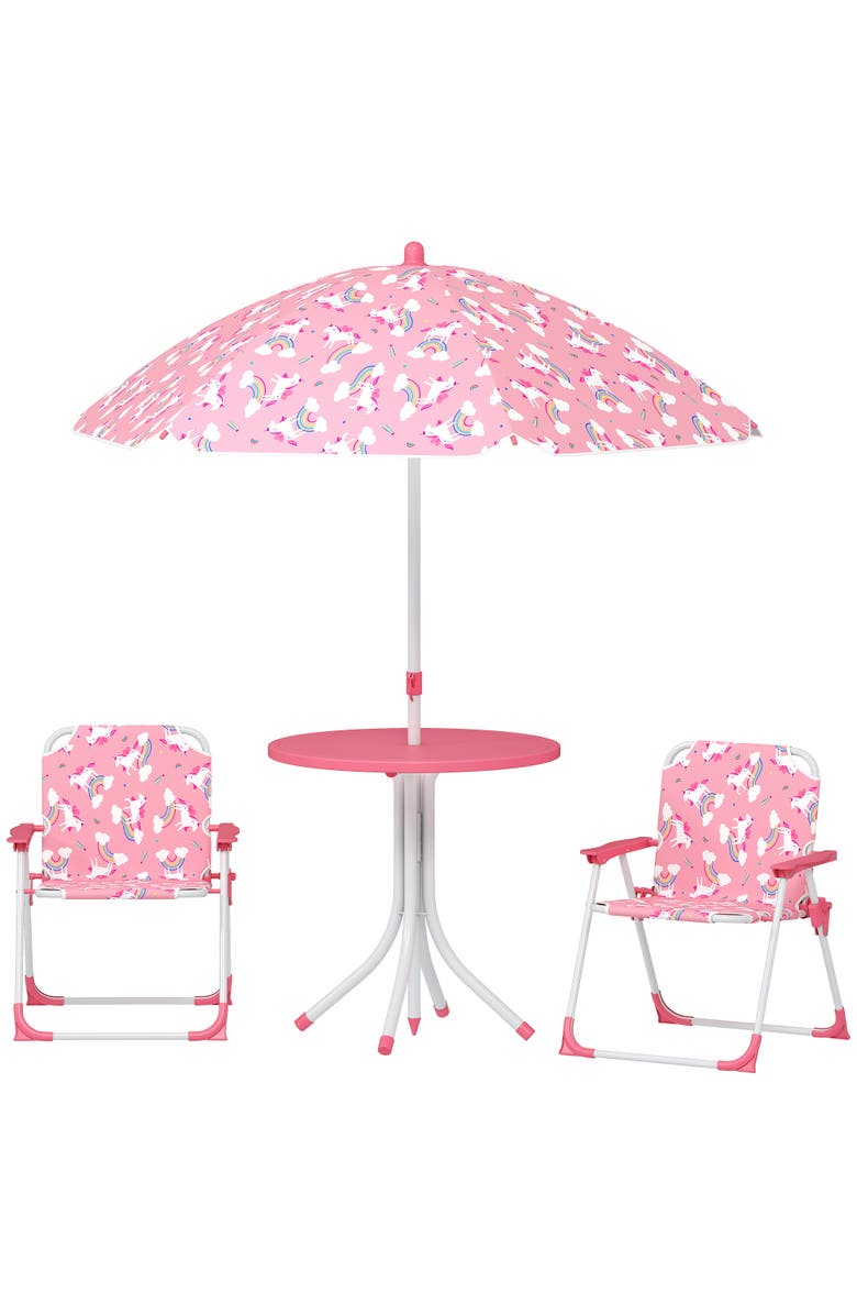 Qaba Kids Outdoor Picnic Table with Folding Chairs and Umbrella, Main, color, Pink