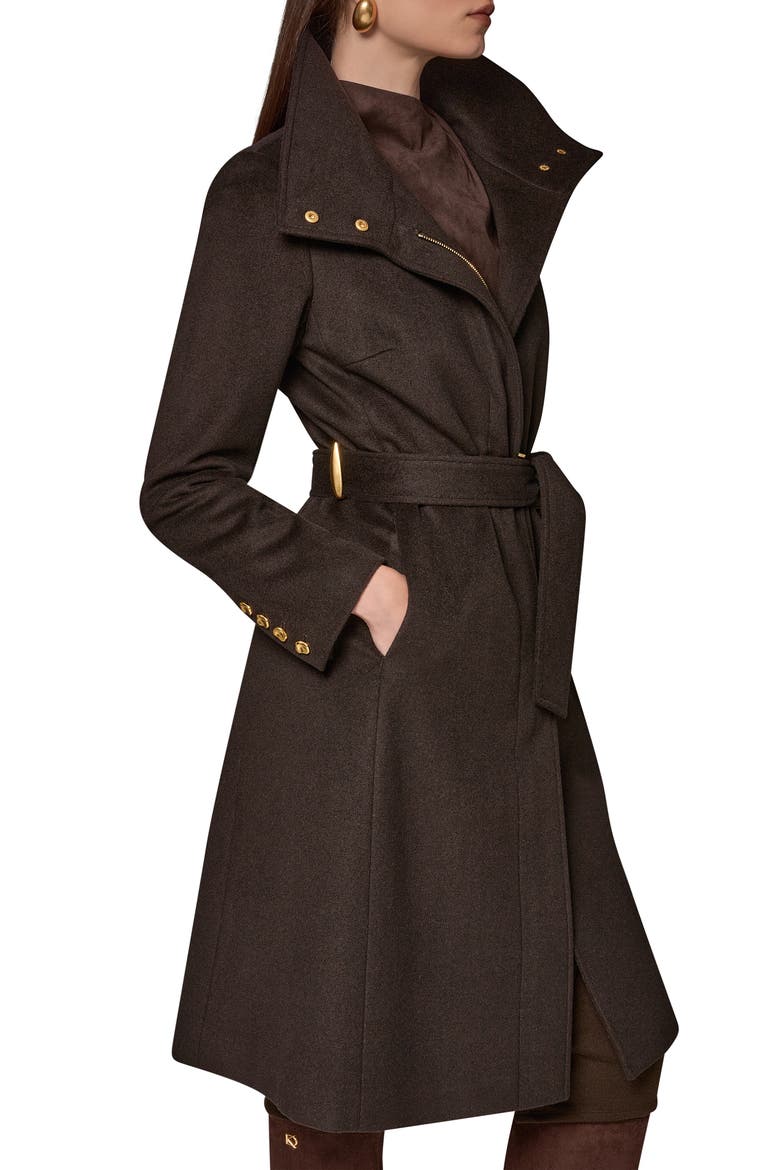 Belted Funnel Neck Wool Blend Coat, Alternate, color, CHOCOLATE