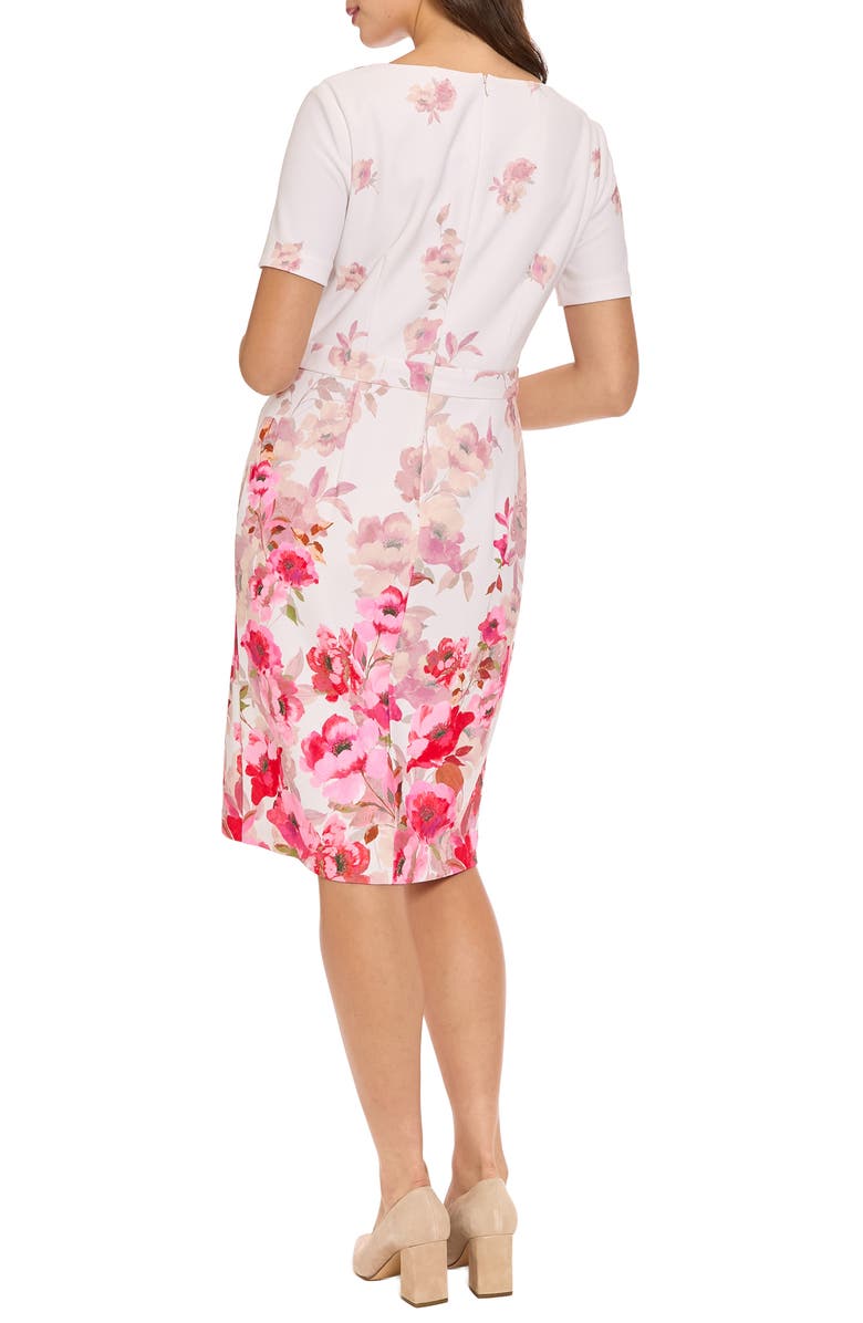 London Times Floral Tie Neck Short Sleeve Sheath Dress, Alternate, color, Ivory/ Pink