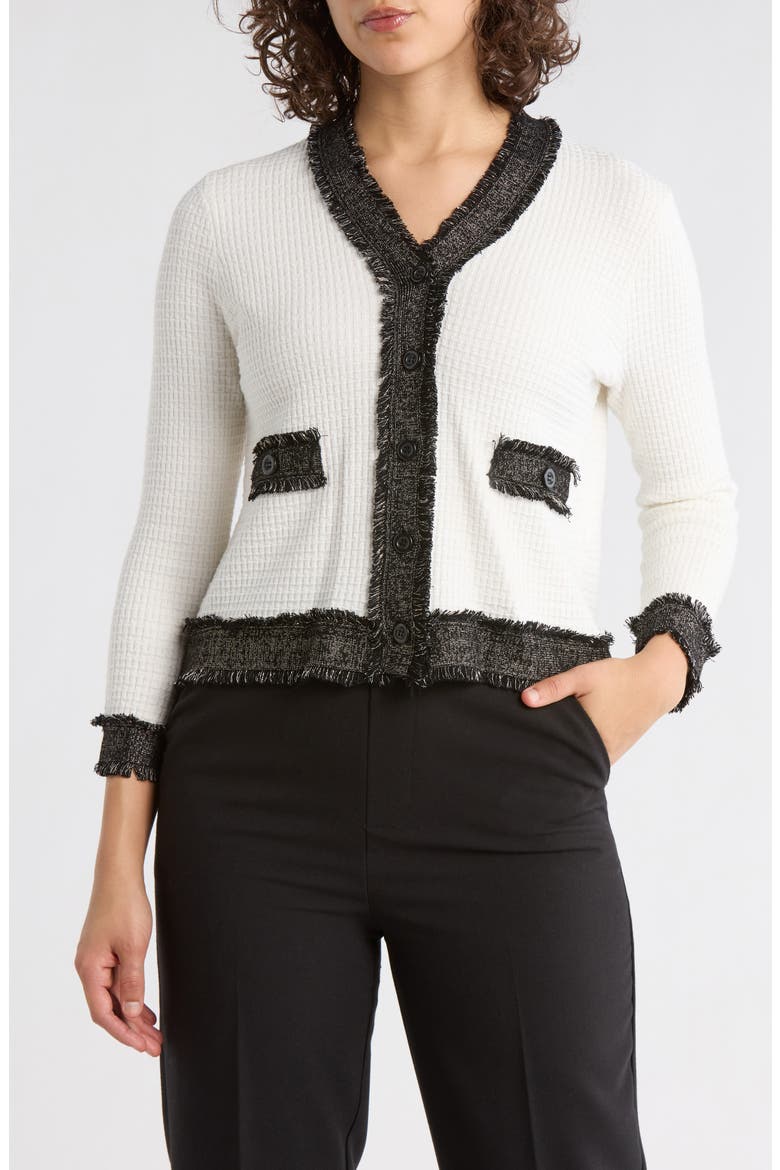 Frayed Knit Cardigan, Main, color, IVORY/ BLACK/ GOLD