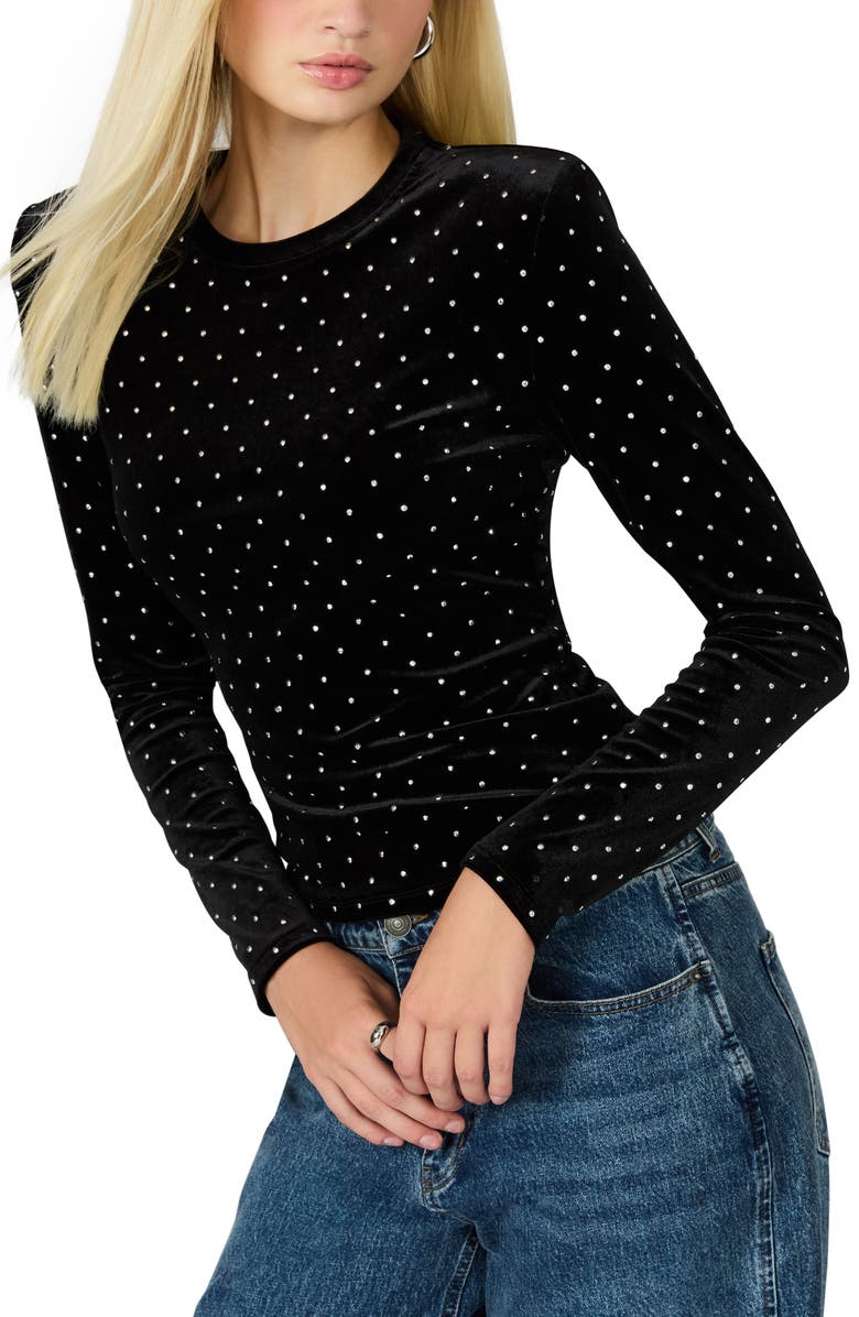 Steve Madden Maddilyn Embellished Velvet Padded Shoulder Top, Alternate, color, Black