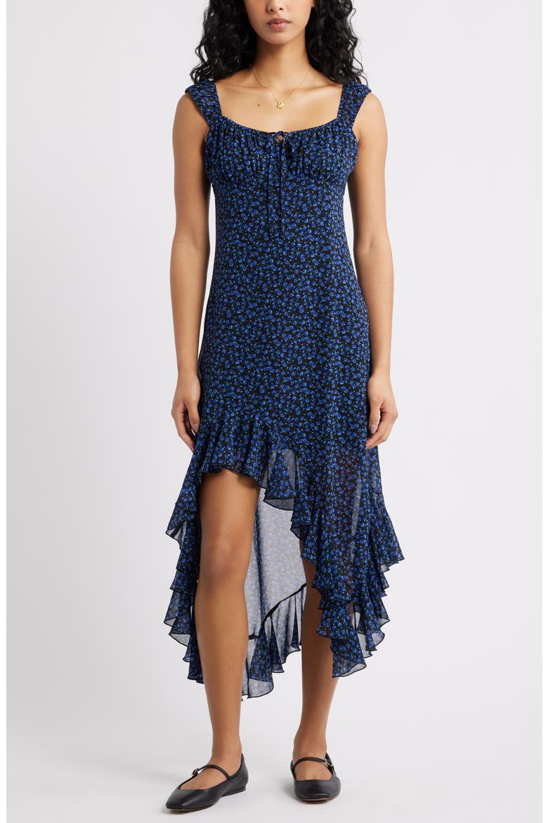 Bias Cut Chiffon Asymmetric Hem Dress, Main, color, BLACK - BLUE ALIX DITSY