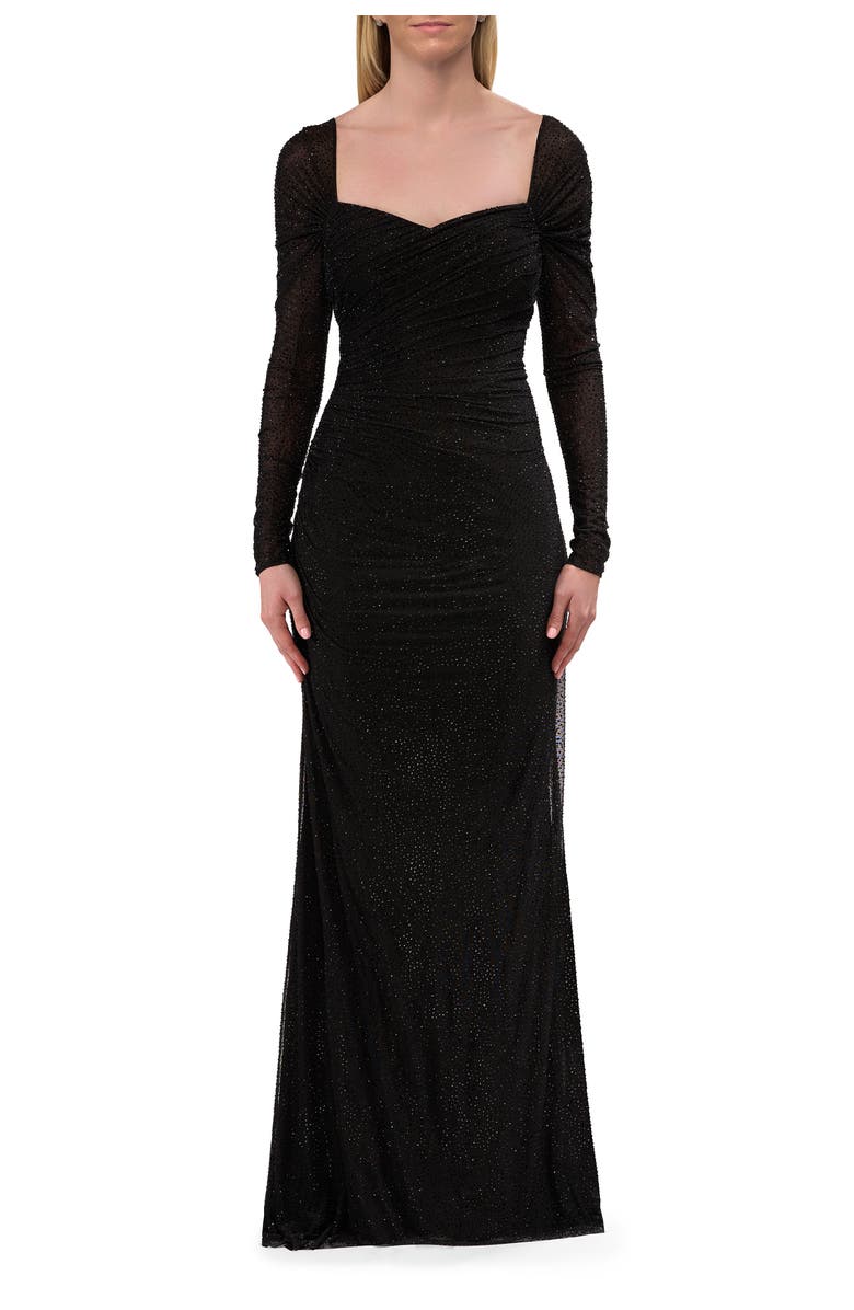 La Femme Long Sleeve Rhinestone Jersey Gown with Sweetheart, Main, color, Black