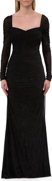 La Femme Long Sleeve Rhinestone Jersey Gown with Sweetheart