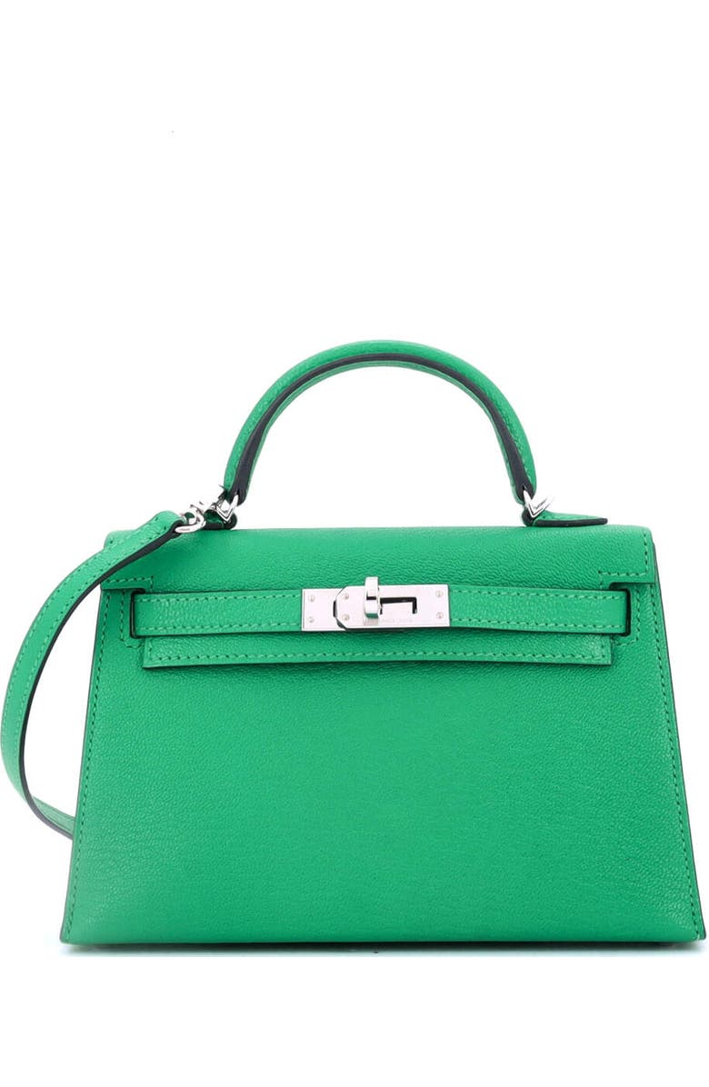 Pre-Owned Hermes Kelly Mini II Bag Green Chevre Mysore with Palladium Hardware 20, Main, color, Menthe