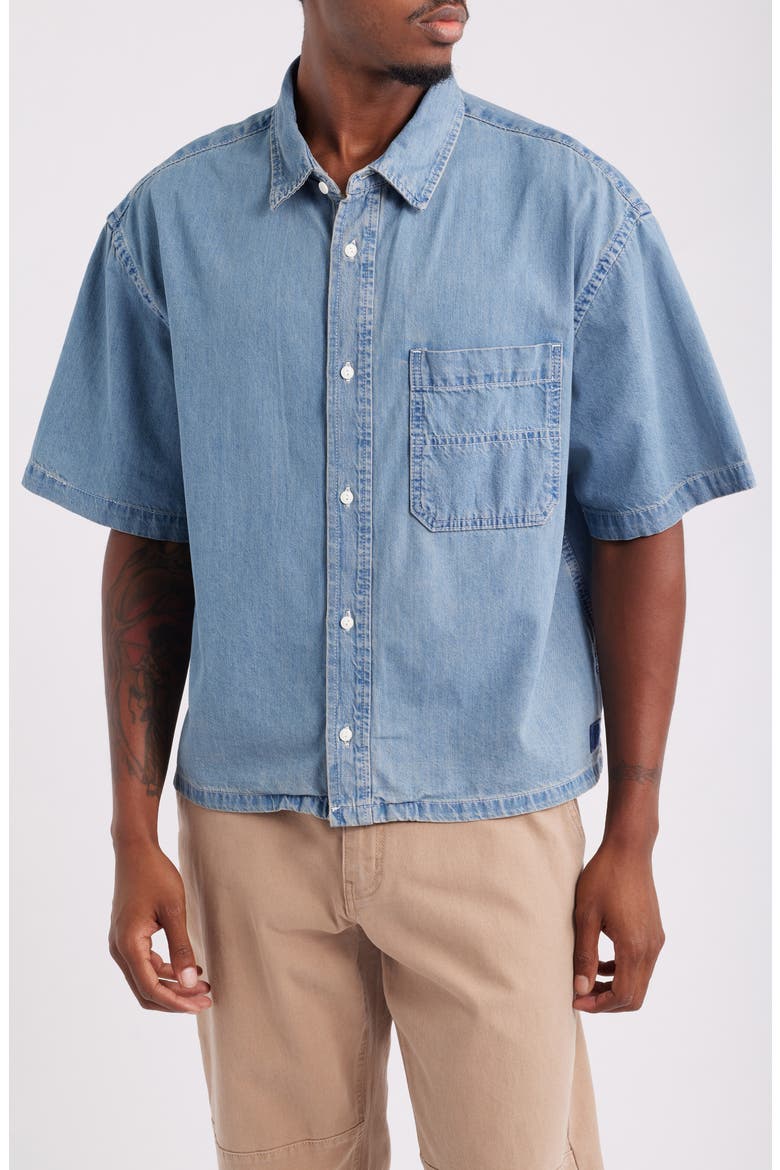 Cyrus Loose Fit Short Sleeve Denim Button-Up Shirt, Main, color, STONEWASH BLUE
