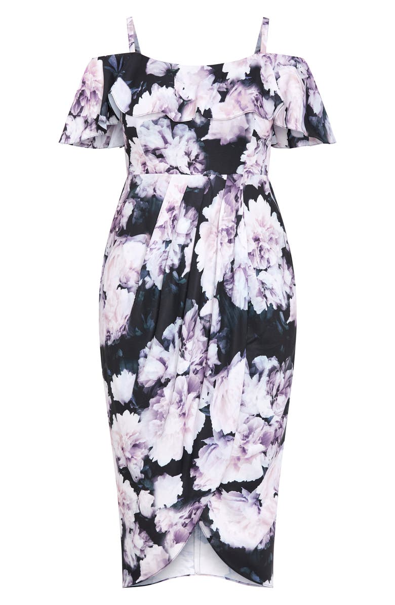 City Chic Floral Drape Cold Shoulder Midi Dress, Alternate, color, Sweet Sensation