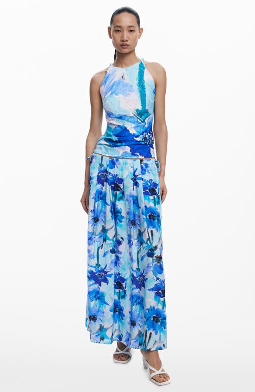 Desigual Floral Drawstring Maxi Skirt In Blue